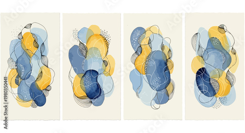 Abstract Blue Yellow Organic Shapes Art Set.