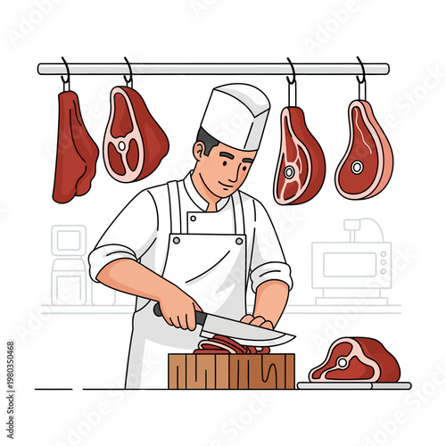 Vector illustration of a male butcher in a white uniform and hat slicing raw meat on a wooden cutting board with large beef pieces hanging on hooks in a butcher shop background.