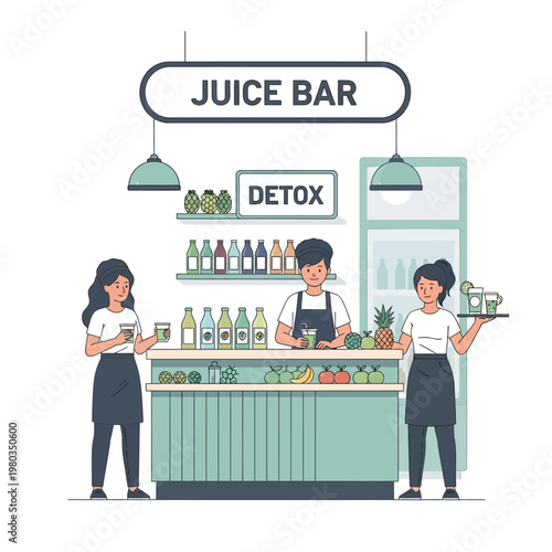 Flat line vector illustration of three juice bar staff serving healthy detox drinks and smoothies at a counter stocked with fresh fruits, bottles, and hanging signage.