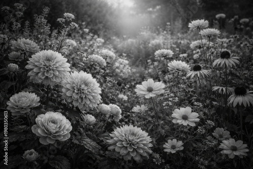 Late season garden flowers blooming in monochrome hues