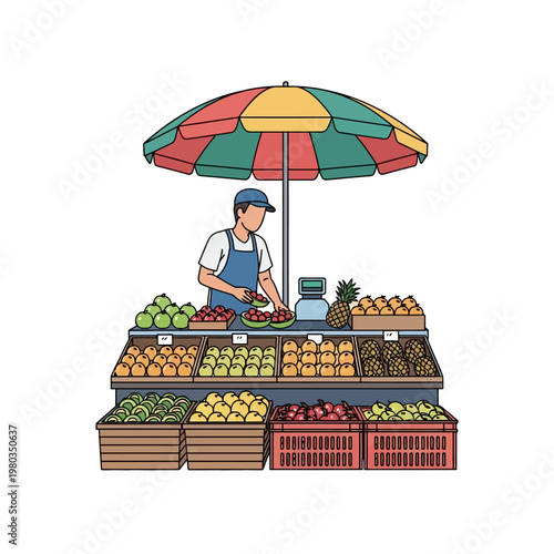 Vector illustration of a male fruit seller wearing an apron and cap, arranging fresh produce at a street market stall under a large colorful umbrella, including diverse fruits.