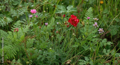 Wildflowers chicory and centaury blooming among dew kissed ferns and red rose