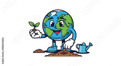 Earth Character Holding Small Green Plant.