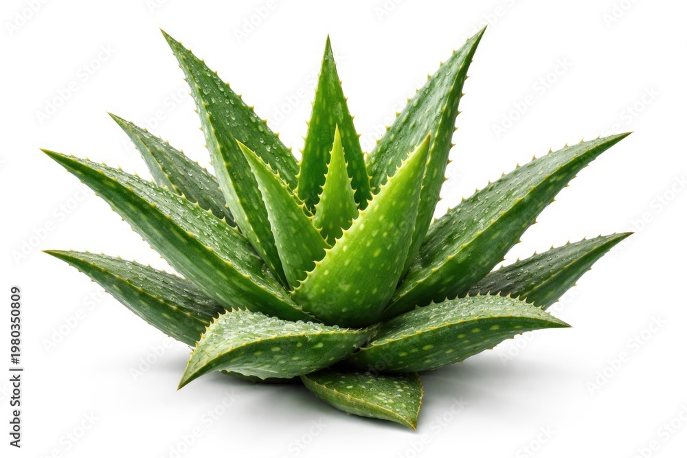 Fototapeta premium Detailed view of vibrant Aloe vera plant isolated on white background for product design