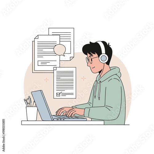 Flat vector illustration of a young man with glasses and headphones typing on a laptop at a desk with floating digital document icons, depicting remote work and data entry tasks.