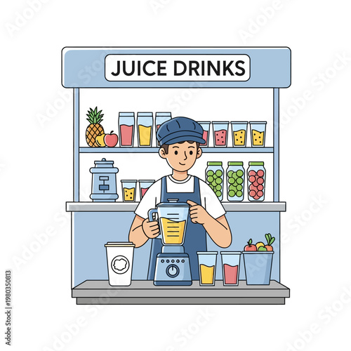 Vector illustration of a male juice stall owner in an apron and cap using an electric blender at a beverage kiosk with jars of fruit, glasses of juice, and a fresh pineapple.