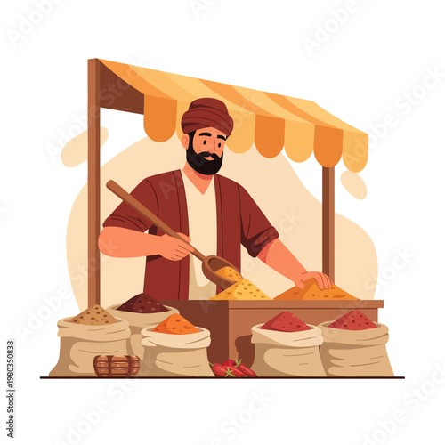 Vector illustration of a Middle Eastern spice merchant wearing a turban and robe, scooping various powdered spices from burlap sacks at a traditional market stall with an awning.