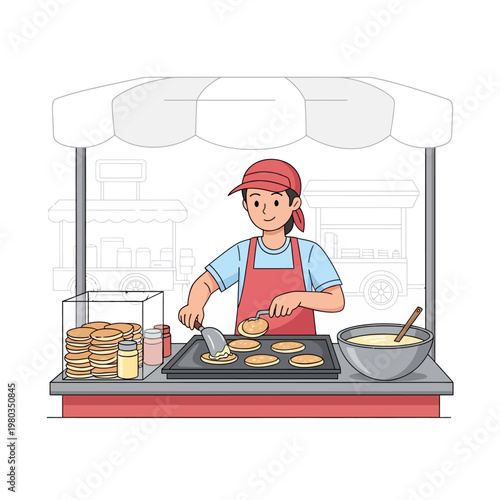 Flat vector illustration of a male street food vendor in a red apron and cap cooking pancakes on a griddle at an outdoor stall with batter, glass display case, and striped awning.