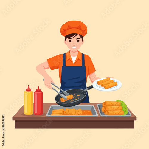 Vector illustration of a male snack vendor in an orange hat and blue apron frying crispy spring rolls in a pan on a wooden counter with ketchup and mustard bottles.