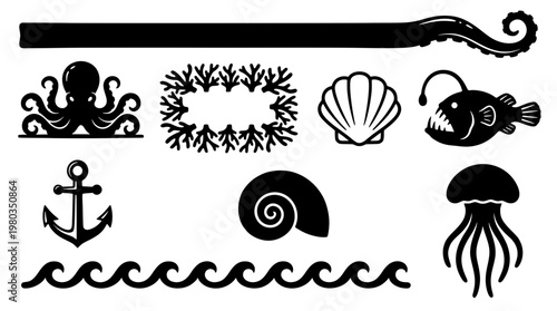 Black and white deep sea marine vector set featuring an octopus tentacle blank banner, coral frame, anglerfish, jellyfish, shells and wave dividers