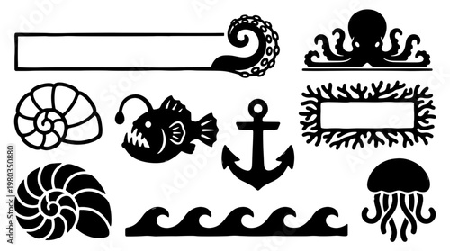 Black and white marine vector set featuring deep sea life silhouettes like anglerfish, jellyfish, and nautilus, plus octopus tentacle blank banners