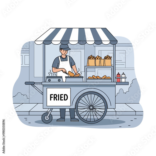 Flat vector illustration of a street food vendor in an apron preparing fried food on a mobile cart with a striped awning, display shelves, and condiment bottles on a city sidewalk.