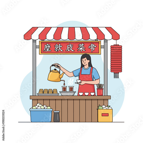Vector illustration of a female vendor wearing a red apron serving hot tea from a yellow kettle at an Asian street food stall with a red striped awning and hanging lantern.