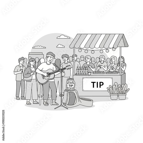 Black and white vector illustration of a street musician playing acoustic guitar and singing into a microphone for a crowd at an outdoor market featuring a food stall and a tip jar.