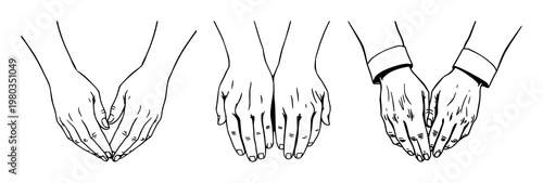 Father child hands set with black line art drawing on a white background featuring father, child, hands with parenting and family