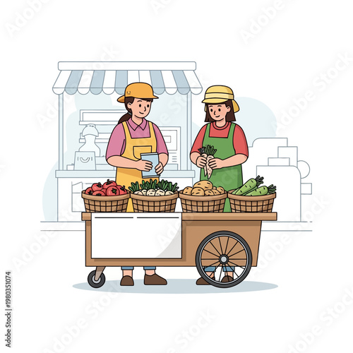 Vector illustration of two women vegetable vendors wearing aprons and hats standing behind a wooden pushcart filled with baskets of fresh tomatoes, potatoes, onions, and carrots.