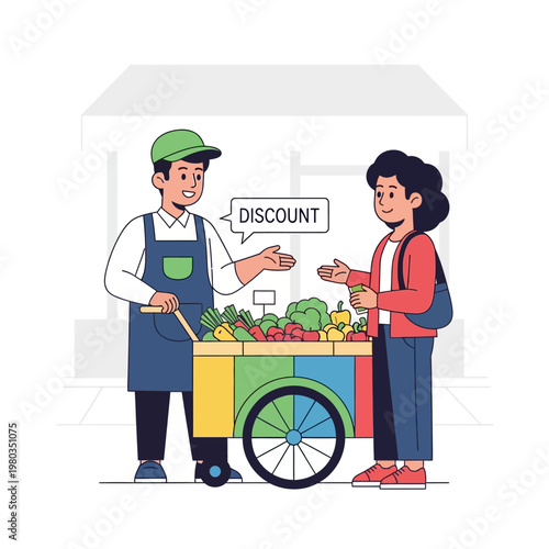 Flat vector illustration of a male street vendor in a green cap and blue apron offering a discount on fresh vegetables from a colorful cart to a female customer in a red jacket.
