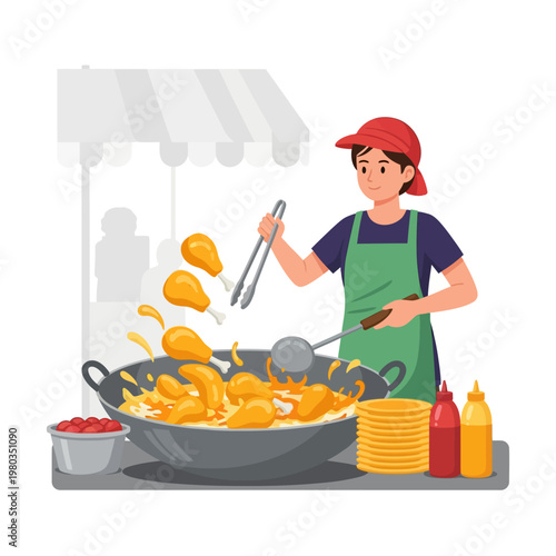 Vector illustration of a male street food vendor wearing a red cap and green apron, deep frying golden chicken drumsticks in a large wok using tongs and a ladle at a market stall.