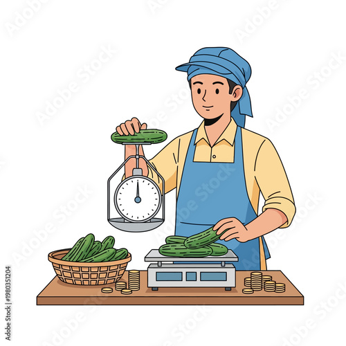 Illustration of a male vegetable vendor wearing a blue apron and cap weighing green cucumbers using a hanging dial scale and a digital scale on a wooden table with coin stacks.