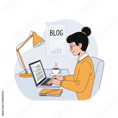 Female blogger in a yellow sweater and glasses typing on a laptop at a desk with a lamp, coffee, and notebook, with a blog growth chart poster displayed in the background.