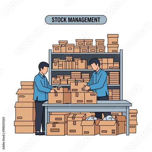 Vector illustration of two warehouse workers in blue uniforms organizing various cardboard boxes on shelves and a table, labeled stock management for inventory control.