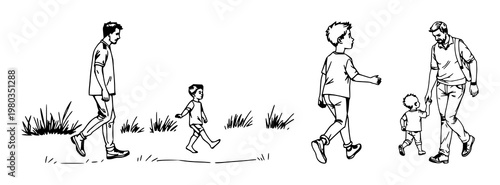 Father and son walking icon set with black thin line art design featuring parent, child, family with silhouette and recreation