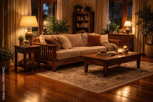 Cozy living room with polished hardwood floor and wooden couch under warm lamp light