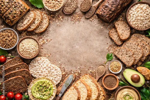 Fototapeta na wymiar Healthy gluten free bread alternatives and whole grain options flatlay with copy space