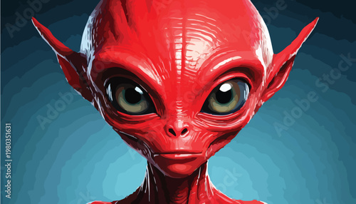 Close-up of a Red Alien with Large Eyes and Pointed Ears.