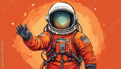 Astronaut Waving Hand in Space Suit Illustration.