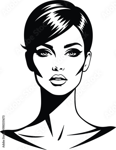 Beautiful woman face with short pixie haircut and glamorous makeup black and white hand drawn sketch style vector illustration isolated on white background