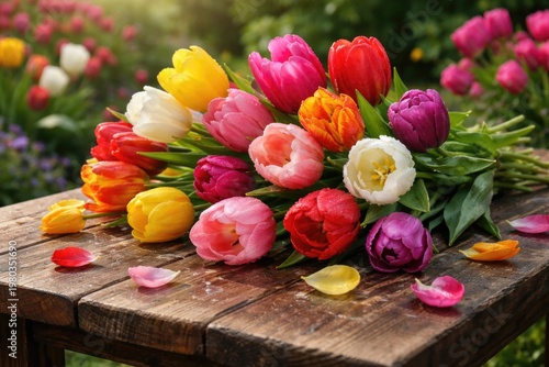 A lively display of blooming tulips on a weathered wooden table with bright petals creating a striking floral scene