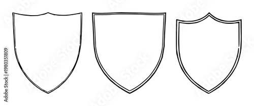 Shield design set with a black outline and white fill featuring a flag icon, protection symbol, security element with an emblem and insignia