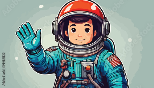 Cartoon Astronaut Waving Hand in Space Suit Illustration.
