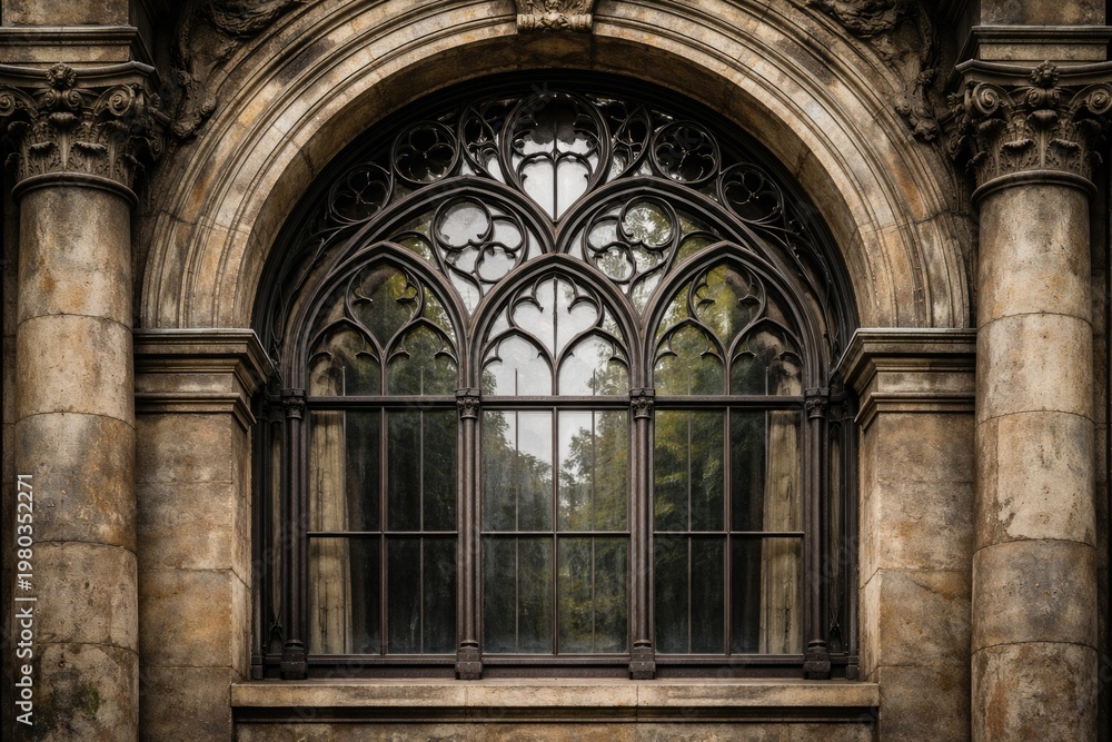Naklejka premium Historic arched window featuring intricate curved steel patterns and aged stone exterior