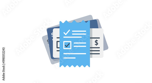 Illustration of financial documents, receipts, and bills with a checklist on top, representing accounting or expense management.