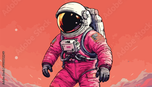 Astronaut in Pink Suit Exploring a Martian Landscape.