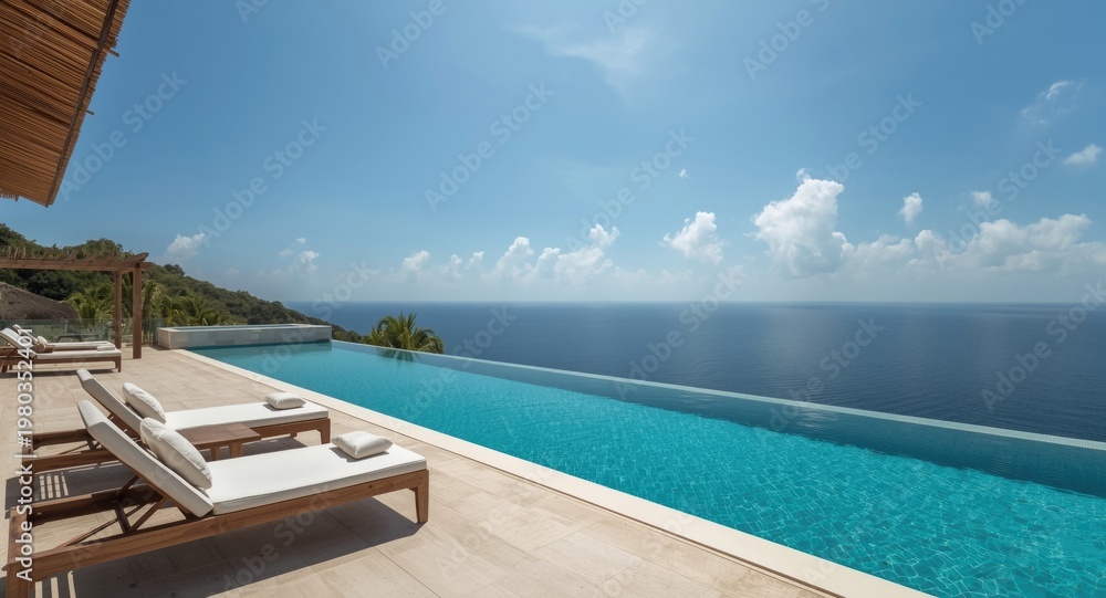 Fototapeta premium Luxury villa featuring sun loungers on a spacious sun deck with a private infinity pool and panoramic ocean views