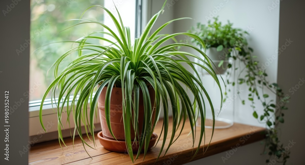 Fototapeta premium Lush spider plant in a terracotta pot on a wooden windowsill with vibrant greenery for home decor