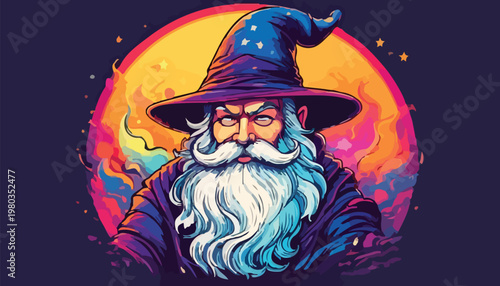 Intense Wizard Portrait with Starry Hat and Flowing Beard.