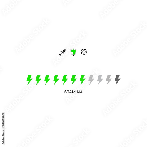 Gaming interface showing a stamina bar with green and grey lightning bolt icons, along with sword, shield, and gear symbols on a white background.