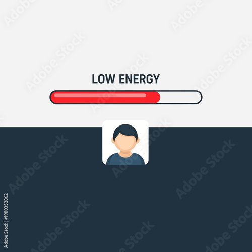 Illustration depicting a low energy level with a progress bar and a generic male avatar, symbolizing fatigue or burnout.