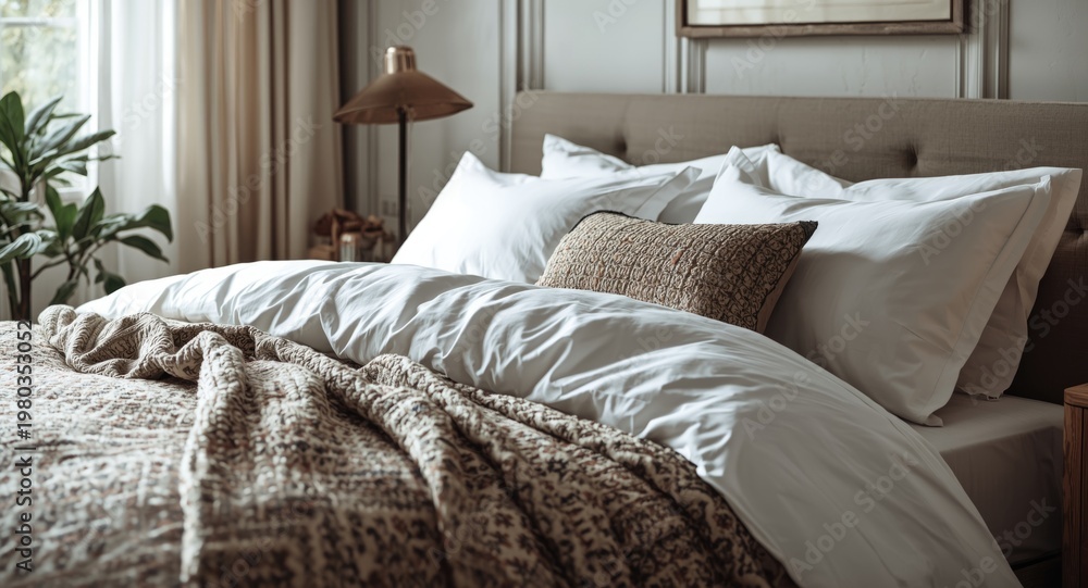 Obraz premium Comfortable bed setting in a bedroom with white linens and a cozy patterned duvet