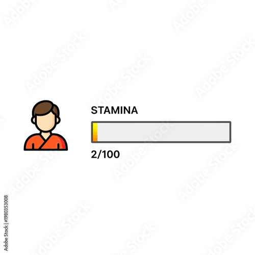 An icon of a person next to a nearly depleted stamina bar showing 2 out of 100 points, indicating low energy or exhaustion in a game or health context.