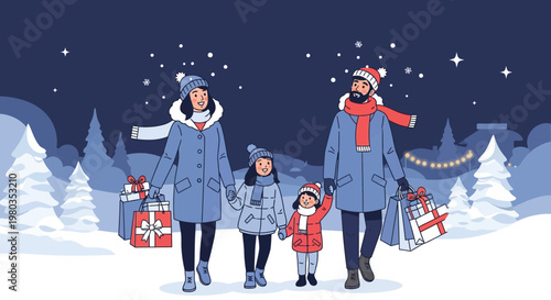 Happy family walking in snowy winter night with Christmas gifts and lights