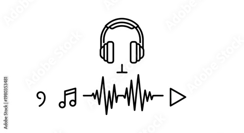 Headphones, Music Notes, Sound Waveform, and Play Button Icon: Audio Concept