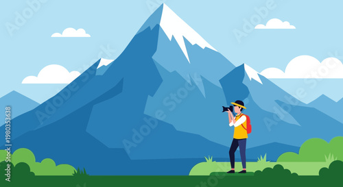Hiker photographing majestic snow-capped mountain peak, adventure and travel concept
