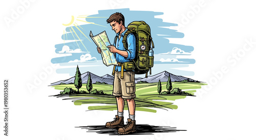 Hiker with Backpack Consulting Map in Scenic Mountain Landscape