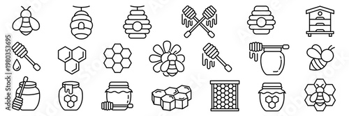 Beekeeping and Honey icon set label, logo, badge, sticker, sign, symbol, banner, line, flat vector, isolated illustration. Nest, bee, beehive, honeycomb, honey, pollen, jar, hive, spoon, flower icons.