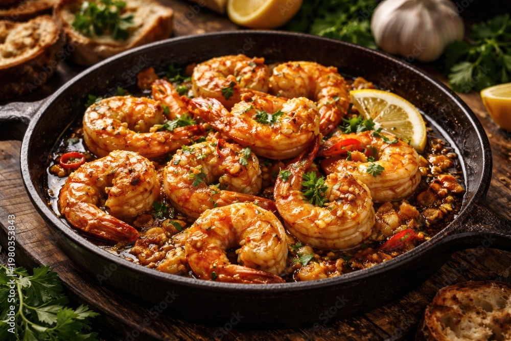 Fototapeta premium Garlic Shrimp Dish in Skillet with Lemon and Herbs